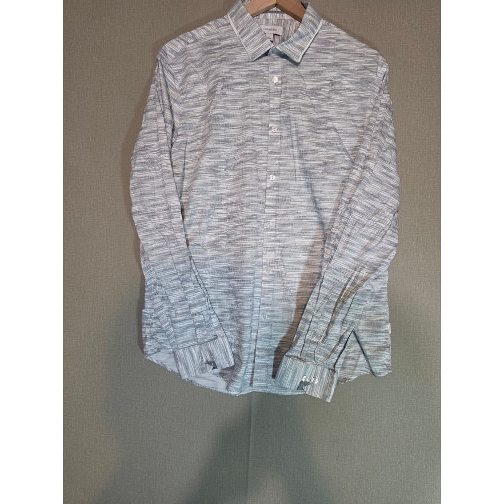 Calvin Klein Mens Slim Fit Button Down Shirt Grey White Space Dye Cotton Large